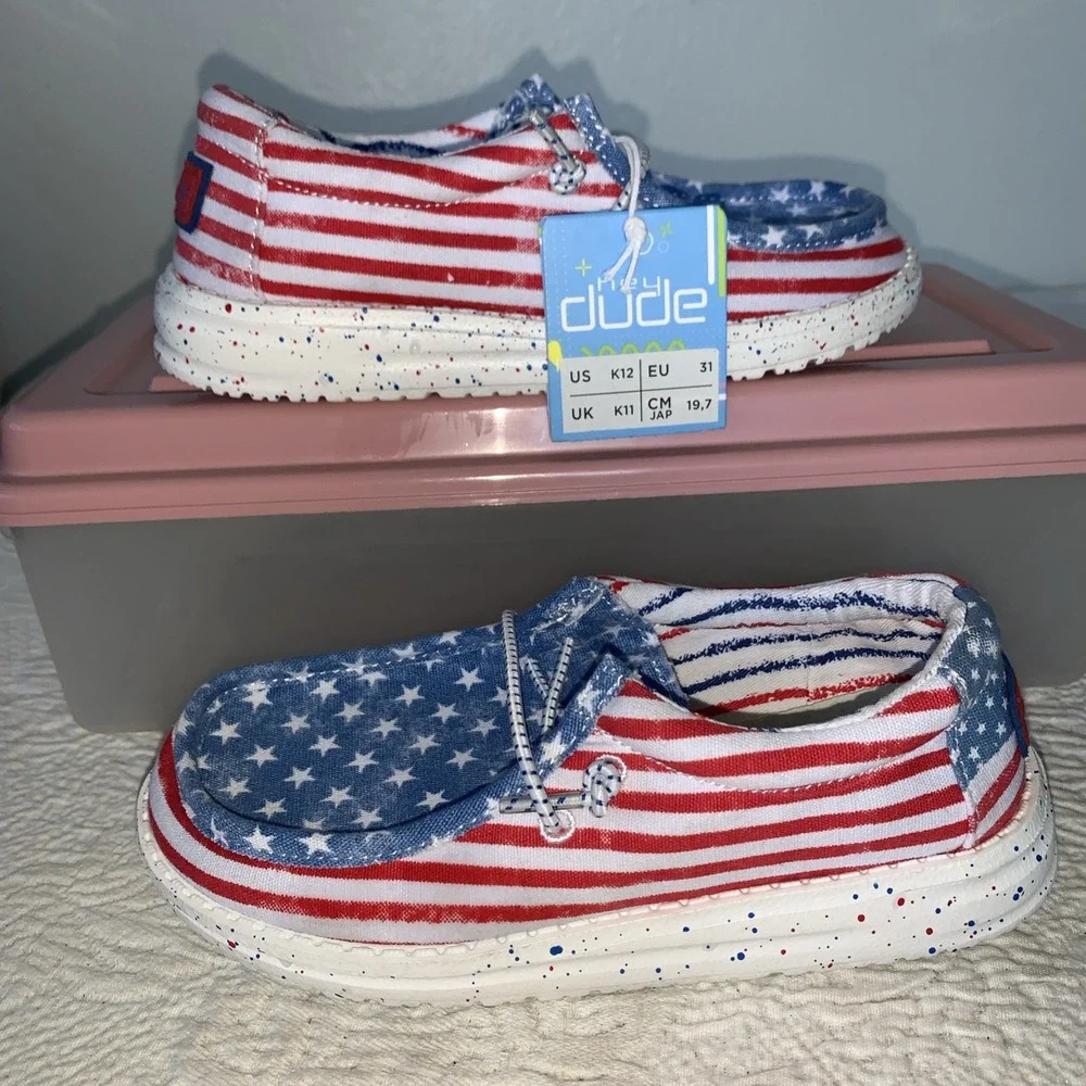 New! Hey Dude Wally Youth‎ Patriotic Stars Stripes Slip On Shoes US Size K12 12